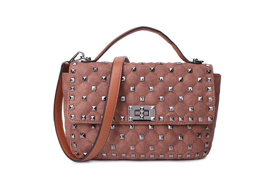 Long & Son Ladies Antique Denim Effect Studded Satchel Type Handbag with Grab Handle & Adjustable Strap Brown