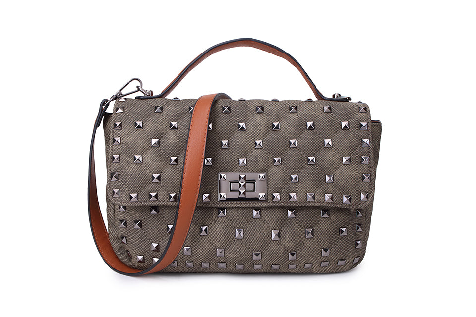 Long & Son Ladies Antique Denim Effect Studded Satchel Type Handbag with Grab Handle & Adjustable Strap Grey