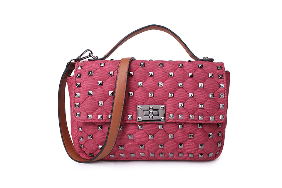 Long & Son Ladies Antique Denim Effect Studded Satchel Type Handbag with Grab Handle & Adjustable Strap Red