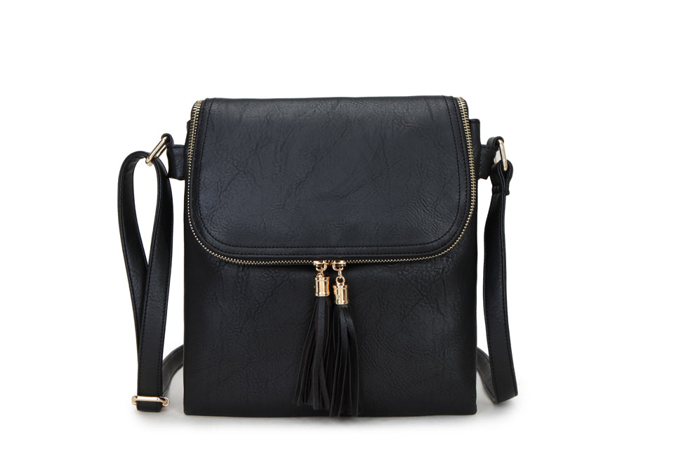 Long & Son London Ladies Crossbody Handbag With Flap & Adjustable Strap Black