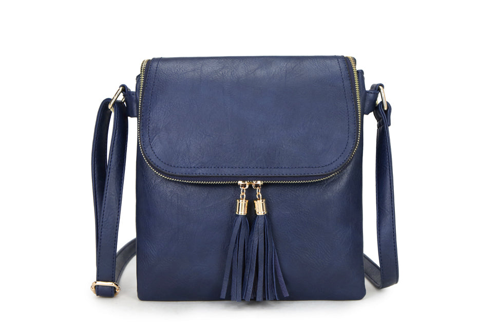 Long & Son London Ladies Crossbody Handbag With Flap & Adjustable Strap Navy