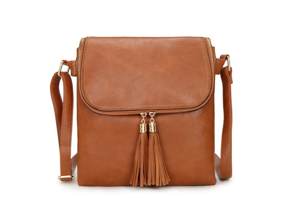 Long & Son London Ladies Crossbody Handbag With Flap & Adjustable Strap Tan