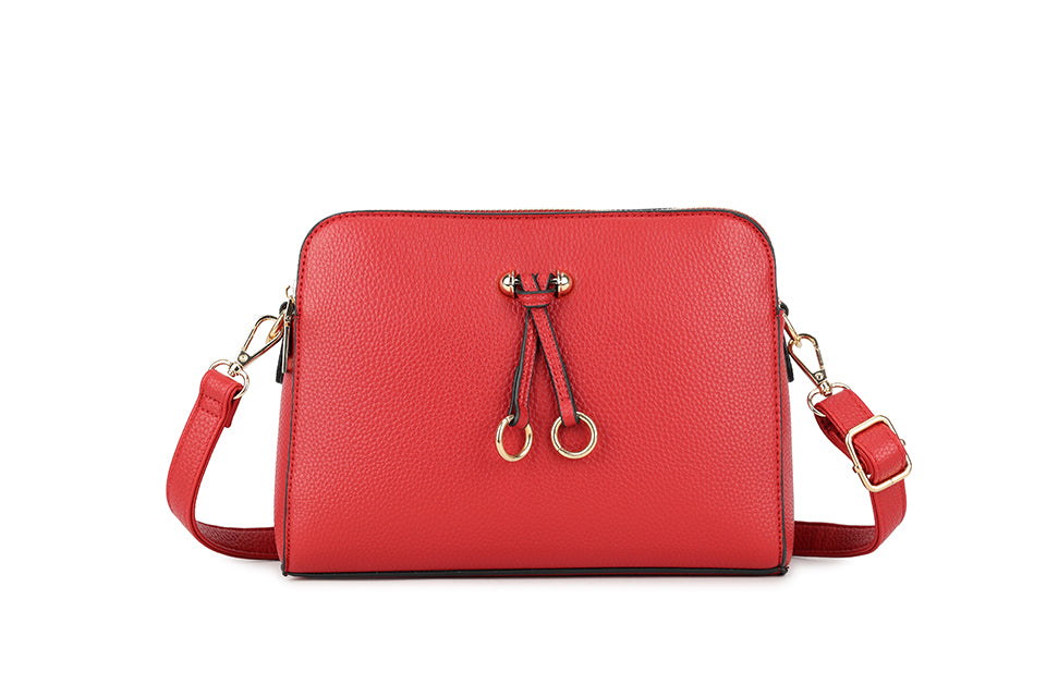 Long & Son Designer Inspired Multi Pocket Cross Body Shoulder Handbag With Adjustable Strap And Gold Ring Detail Red