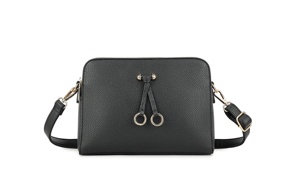 Long & Son Designer Inspired Multi Pocket Cross Body Shoulder Handbag With Adjustable Strap And Silver Ring Detail Black