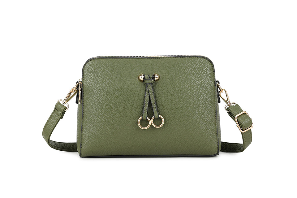 Long & Son Designer Inspired Multi Pocket Cross Body Shoulder Handbag With Adjustable Strap And Gold Ring Detail Green