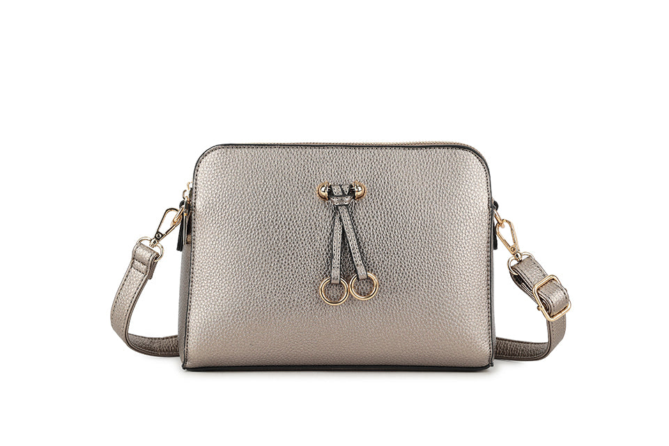 Designer Inspired Multi Pocket Cross Body Shoulder Handbag With Adjustable Strap And Gold Ring Detail Silver