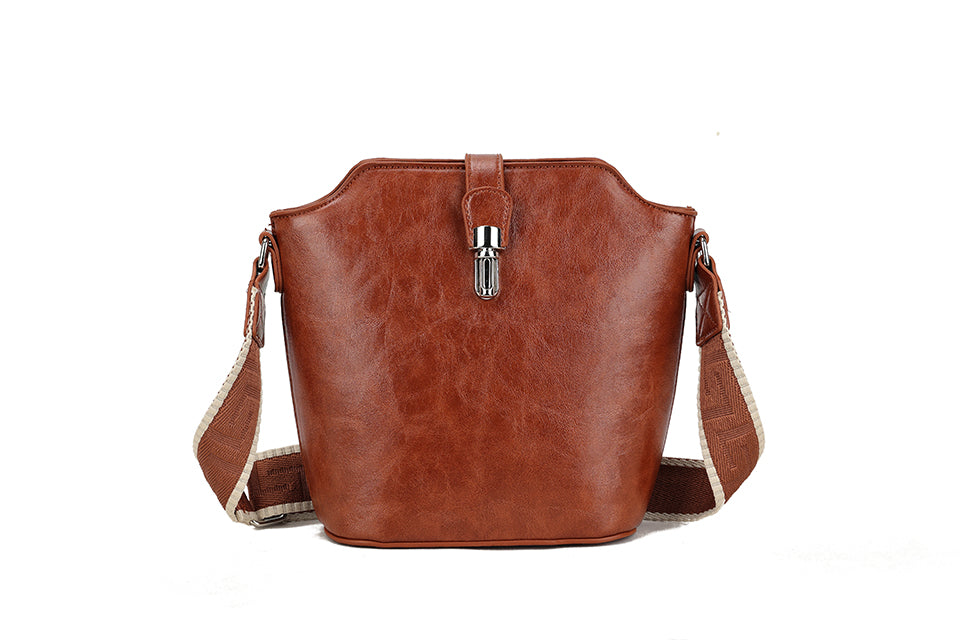 Long & Son Ladies Crossbody Binocular Style Handbag With Adjustable Fabric Strap Cognac Brown
