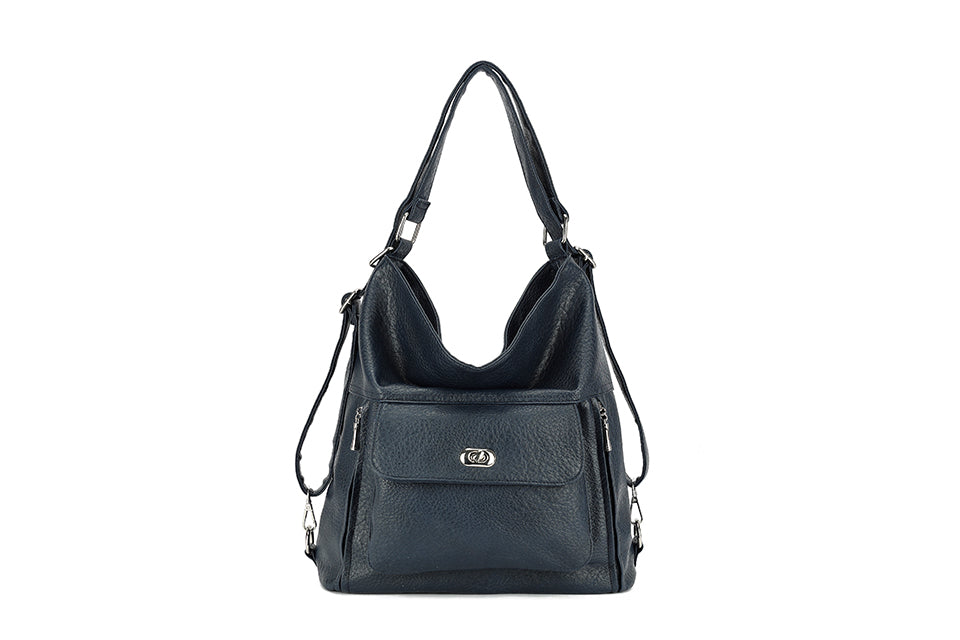 Long & Son Ladies Large Faux Leather Shoulder Bag/ Rucksack With Pockets Navy