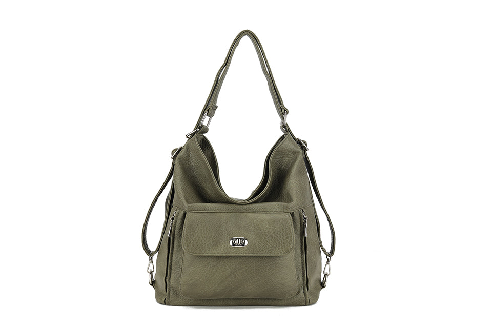 Long & Son Ladies Large Faux Leather Shoulder Bag/ Rucksack With Pocket Green