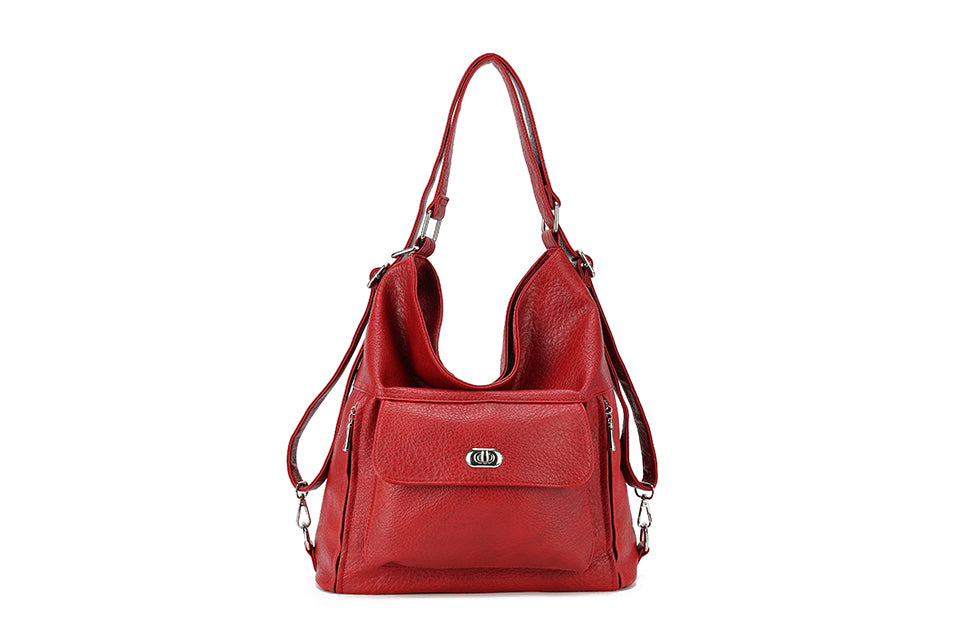 Long & Son Ladies Large Faux Leather Shoulder Bag/ Rucksack With Pocket Red