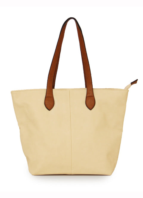 LONG & SON LADIES FAUX LEATHER MEDIUM TOTE SHOULDER/SHOPPING BAG WITH TAN STRAP AND ZIP FASTENING Beige