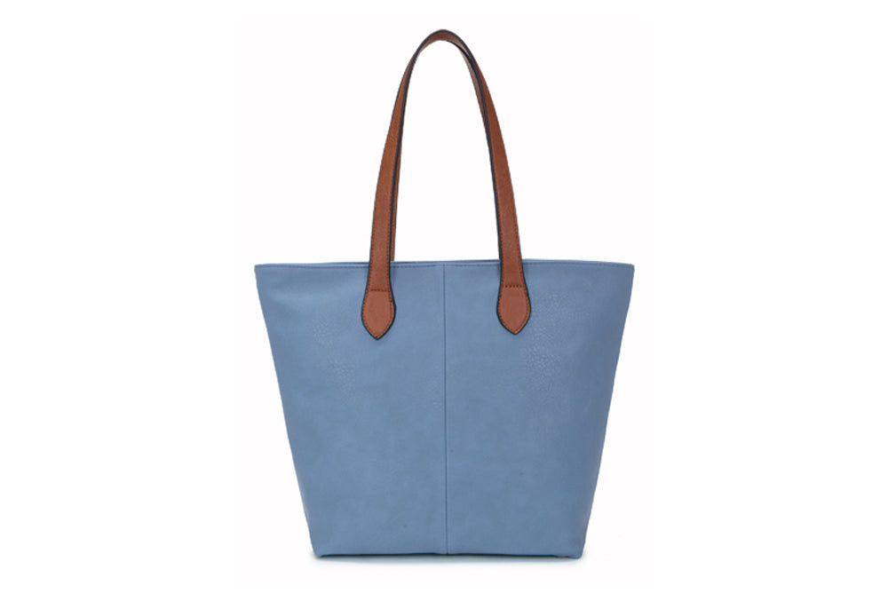 LONG & SON LADIES FAUX LEATHER MEDIUM TOTE SHOULDER/SHOPPING BAG WITH TAN STRAP AND ZIP FASTENING Denim Blue