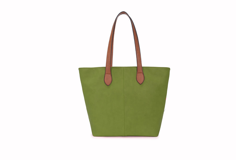 LONG & SON LADIES FAUX LEATHER MEDIUM TOTE SHOULDER/SHOPPING BAG WITH TAN STRAP AND ZIP FASTENING GREEN