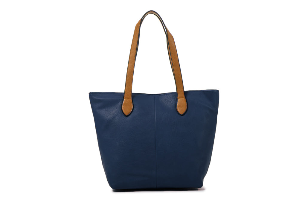 LONG & SON LADIES FAUX LEATHER MEDIUM TOTE SHOULDER/SHOPPING BAG WITH TAN STRAP AND ZIP FASTENING NAVY