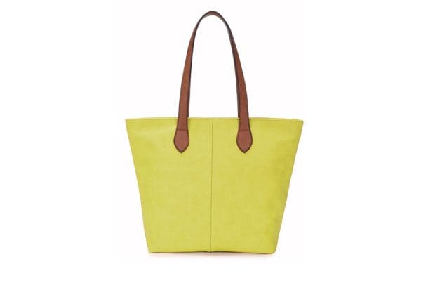 LONG & SON LADIES FAUX LEATHER MEDIUM TOTE SHOULDER/SHOPPING BAG WITH TAN STRAP AND ZIP FASTENING LIME GREEN
