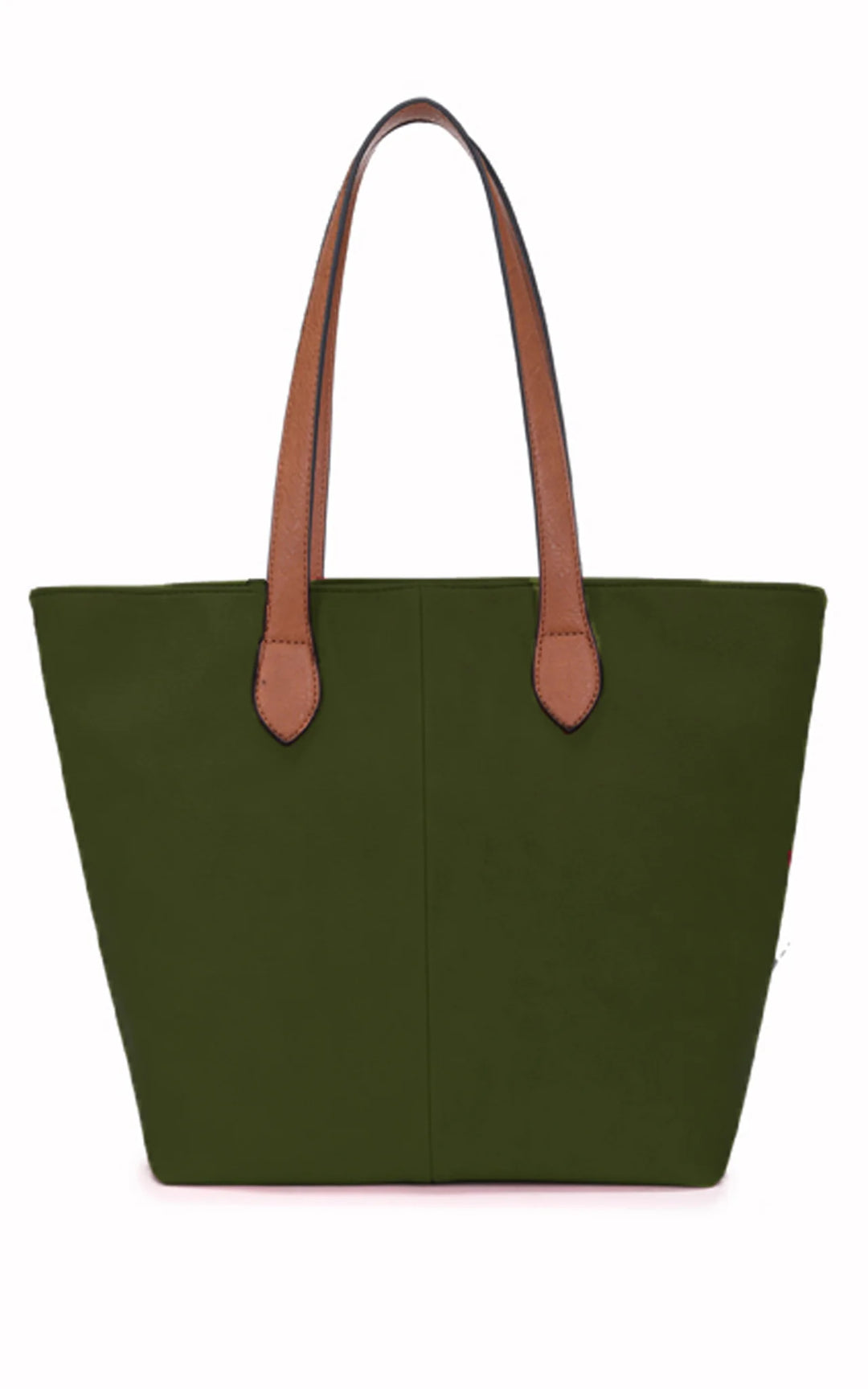 LONG & SON LADIES FAUX LEATHER MEDIUM TOTE SHOULDER/SHOPPING BAG WITH TAN STRAP AND ZIP FASTENING DARK GREEN
