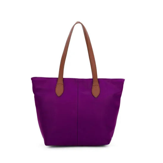 LONG & SON LADIES FAUX LEATHER MEDIUM TOTE SHOULDER/SHOPPING BAG WITH TAN STRAP AND ZIP FASTENING PURPLE