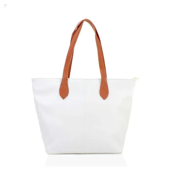 LONG & SON LADIES FAUX LEATHER MEDIUM TOTE SHOULDER/SHOPPING BAG WITH TAN STRAP AND ZIP FASTENING OFF WHITE (Copy)