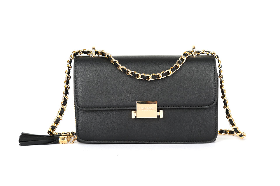 Long & Son Ladies Multi Pocket Small Cross Body Evening Handbag With Chain Handle Black