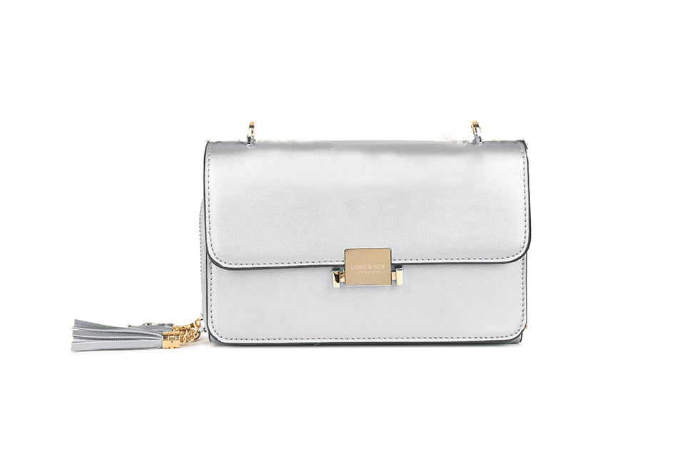 Long & Son Ladies Multi Pocket Small Cross Body Evening Handbag With Chain Handle Silver
