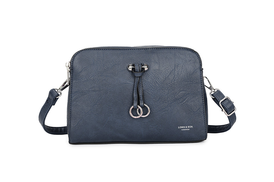Long & Son Designer Inspired Multi Pocket Cross Body Shoulder Handbag With Adjustable Strap And Silver Ring Detail Navy