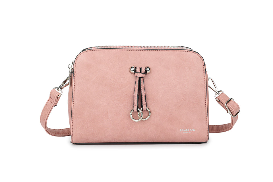 Designer Inspired Multi Pocket Cross Body Shoulder Handbag With Adjustable Strap And Silver Ring Detail Pink