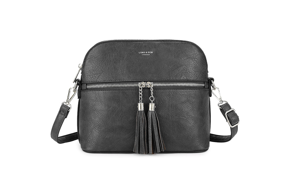 LONG & SON LADIES CROSSBODY ARCH SHAPED HANDBAG WITH DOUBLE TASSEL ZIPPER BLACK