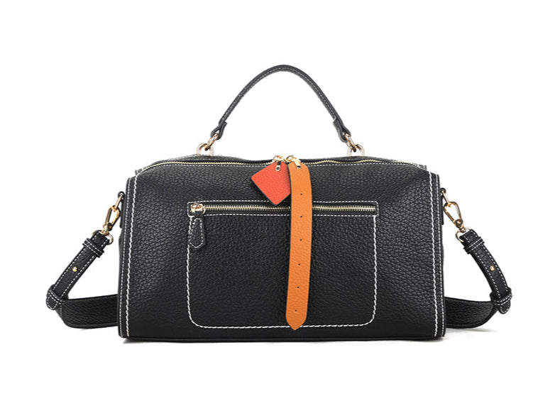 Long & Son Ladies Designer Inspired Black Box Shaped Faux Leather Grain Effect Grab Handle Handbag With Detachable Strap