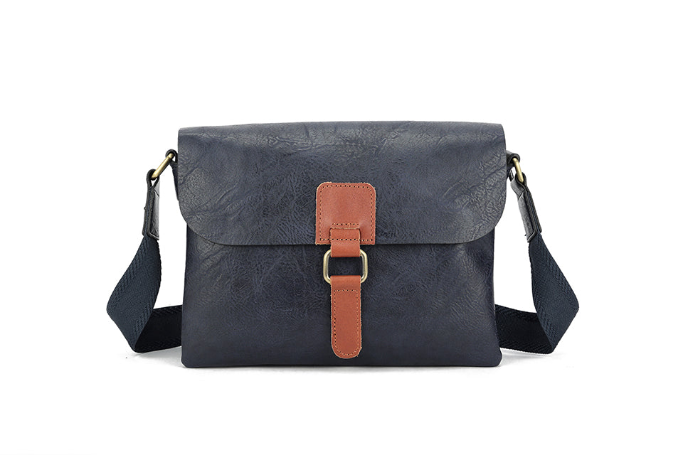 Long & Son Ladies Soft Faux Leather Crossbody Bag Canvas Adjustable Strap With Flap Navy