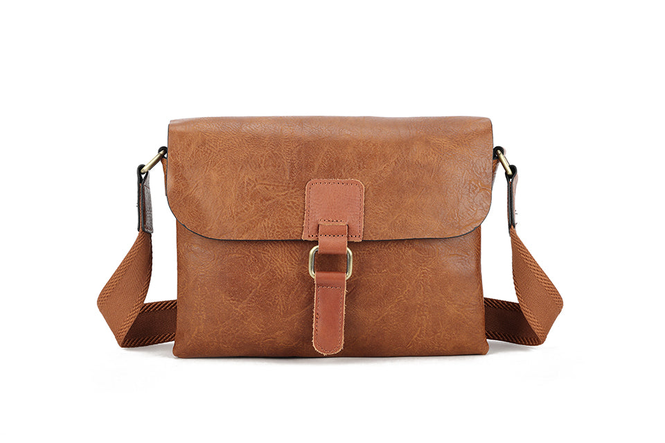 Long & Son Ladies Soft Faux Leather Crossbody Bag Canvas Adjustable Strap With Flap Tan