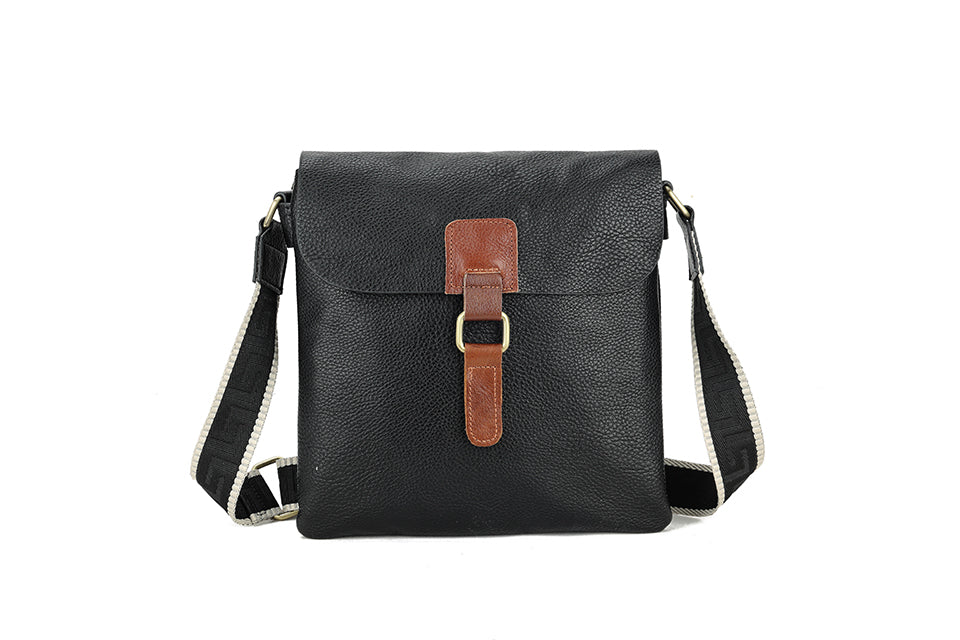 Long & Son Ladies Soft Faux Leather Crossbody Bag Canvas Adjustable Strap With Flap Black