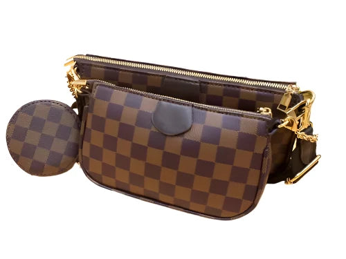 DESIGNER INSPIRED 3 IN 1 HANDBAG SET WITH PURSE ADJUSTABLE STRAP AND CHAIN brown
