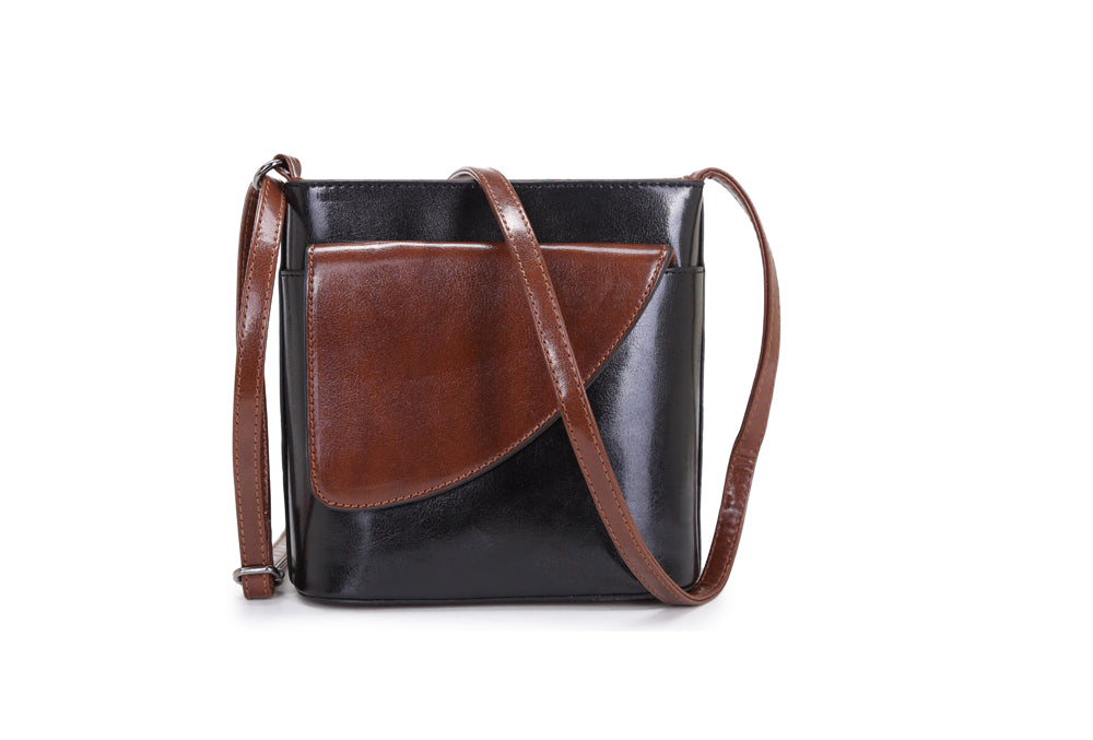 Long & Son Ladies Binocular Cross Body/ Shoulder Bag With Flap Black/Tan Brown Combination