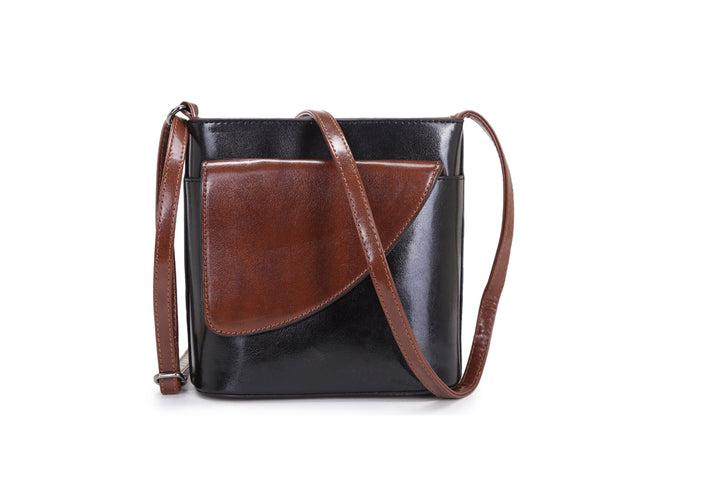 Long & Son Ladies Binocular Cross Body/ Shoulder Bag With Flap Black/Tan Brown Combination