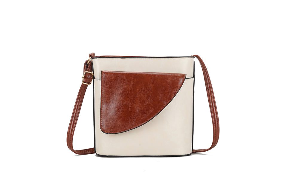 Long & Son Ladies Binocular Cross Body/ Shoulder Bag With Flap White/Tan Brown Combination