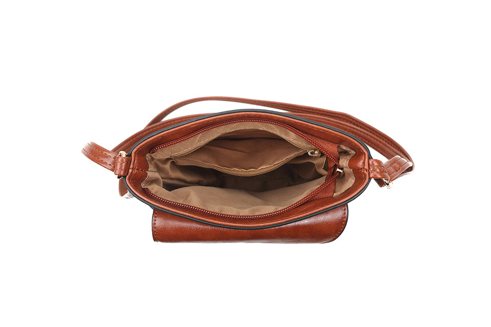 Long & Son Ladies Binocular Cross Body/ Shoulder Bag With Flap Black/Tan Brown Combination