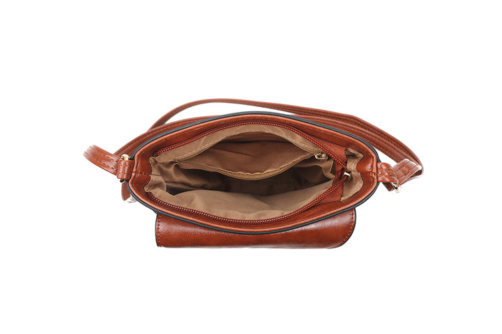 Long & Son Ladies Binocular Cross Body/ Shoulder Bag With Flap Black/Tan Brown Combination