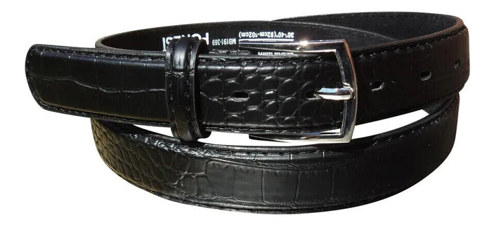 FOREST Black Crocodile Print Leather Lined Belt with Silver Buckle