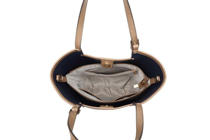 Long & Son Faux Leather Medium Tote Handbag/ Shopping Bag With Long Strap And Pouch Navy
