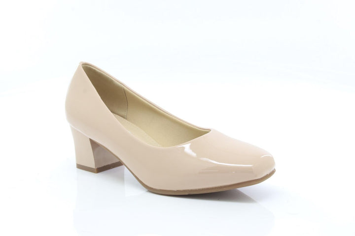 Comfort Plus Karly Ladies Wide Fit Slip On Block Heel Court Shoes Nude Patent