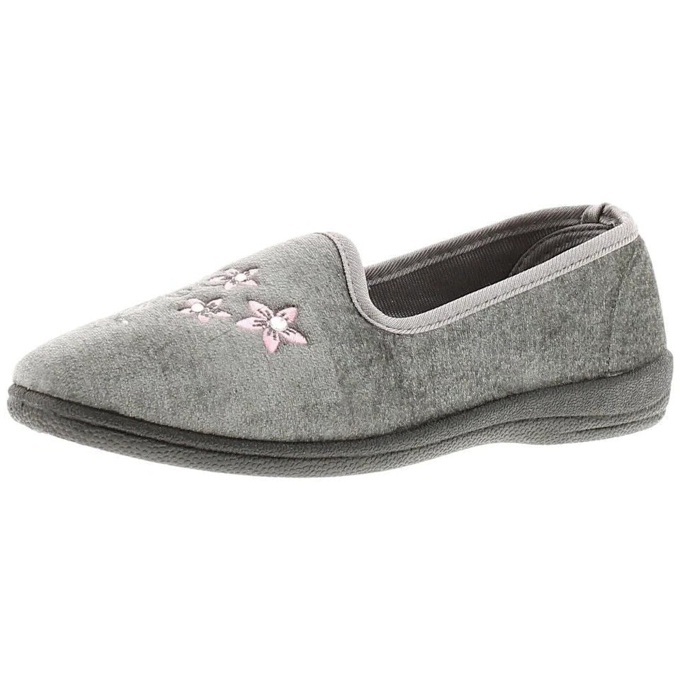 DR Keller Mavis Ladies Super Light Weight Grey Velour Slip On Slippers With Flower/ Diamante Detail