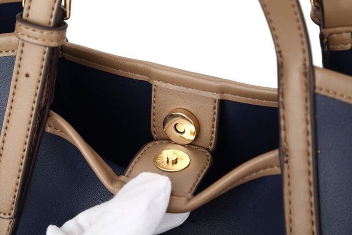 Long & Son Faux Leather Medium Tote Handbag/ Shopping Bag With Long Strap And Pouch Navy