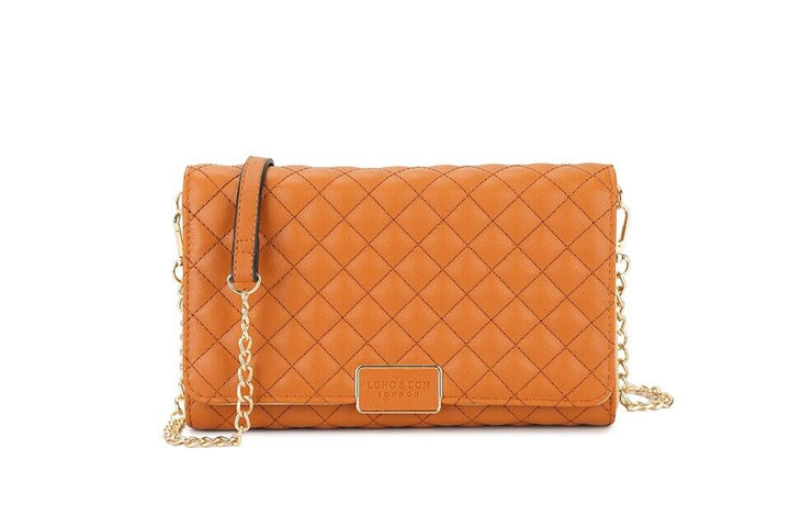 Long & Son Quilted Clutch Handbag Crossbody Bag Strap Chain Card Pockets Orange