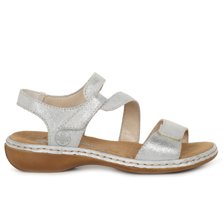 Rieker 659C7 Ladies Leather Low Wedge Double Touch Fasten Sandals Silver