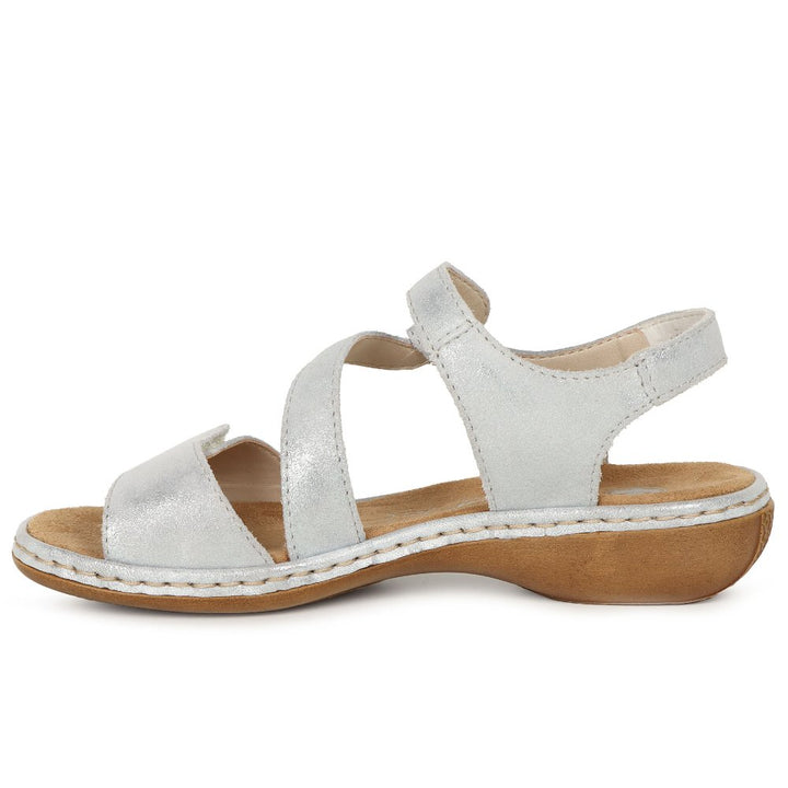 Rieker 659C7 Ladies Leather Low Wedge Double Touch Fasten Sandals Silver
