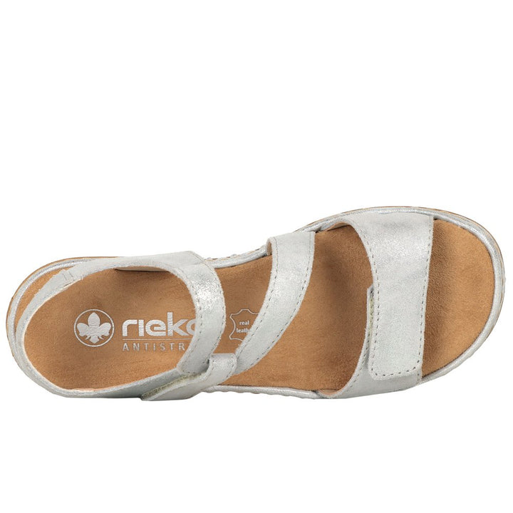 Rieker 659C7 Ladies Leather Low Wedge Double Touch Fasten Sandals Silver