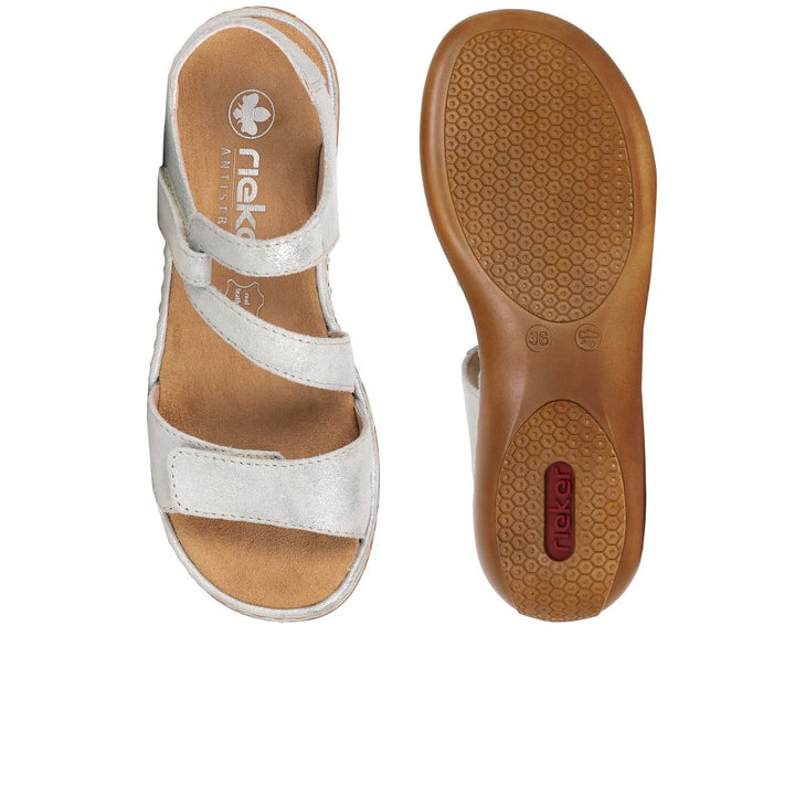 Rieker 659C7 Ladies Leather Low Wedge Double Touch Fasten Sandals Silver