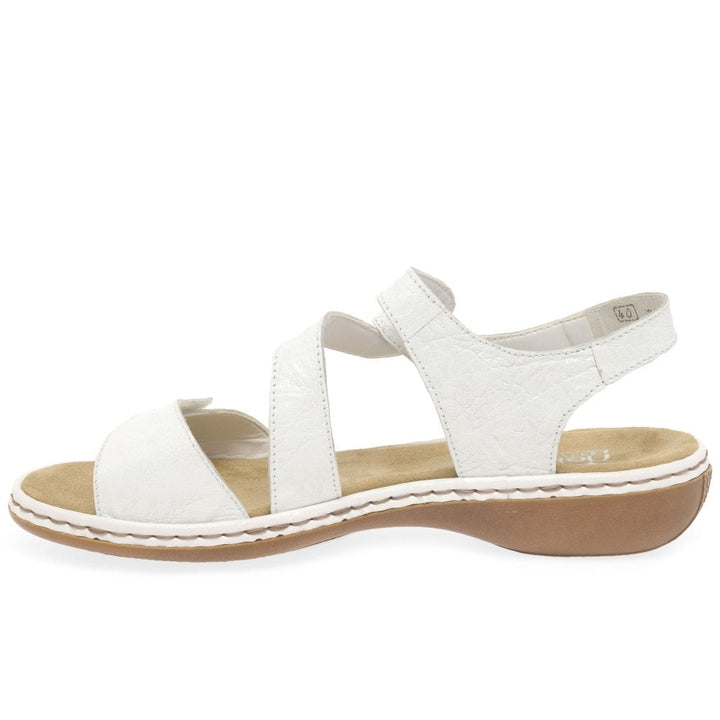 Rieker 659C7 Ladies Wrinkled Effect Leather Low Wedge Double Touch Fasten Sandals White