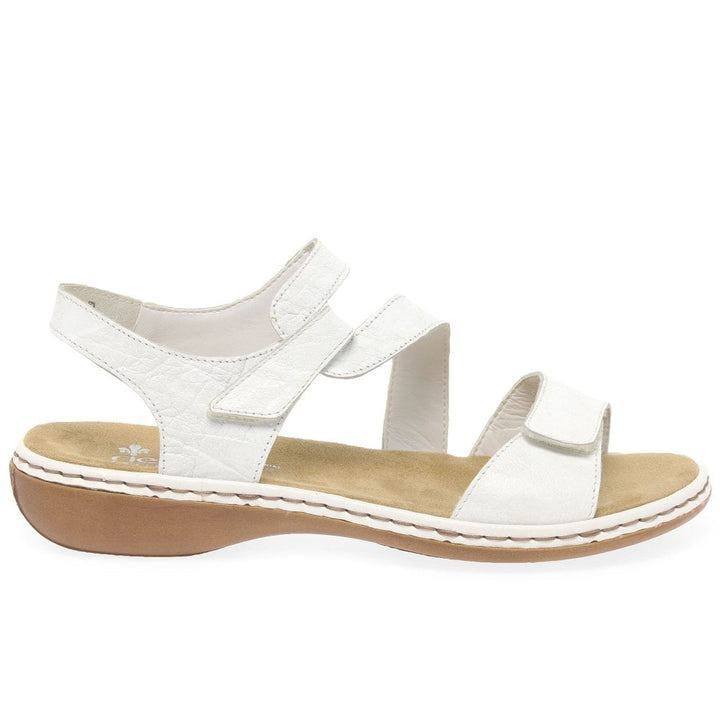Rieker 659C7 Ladies Wrinkled Effect Leather Low Wedge Double Touch Fasten Sandals White