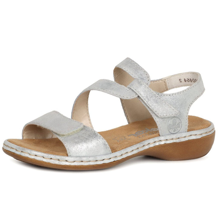 Rieker 659C7 Ladies Leather Low Wedge Double Touch Fasten Sandals Silver